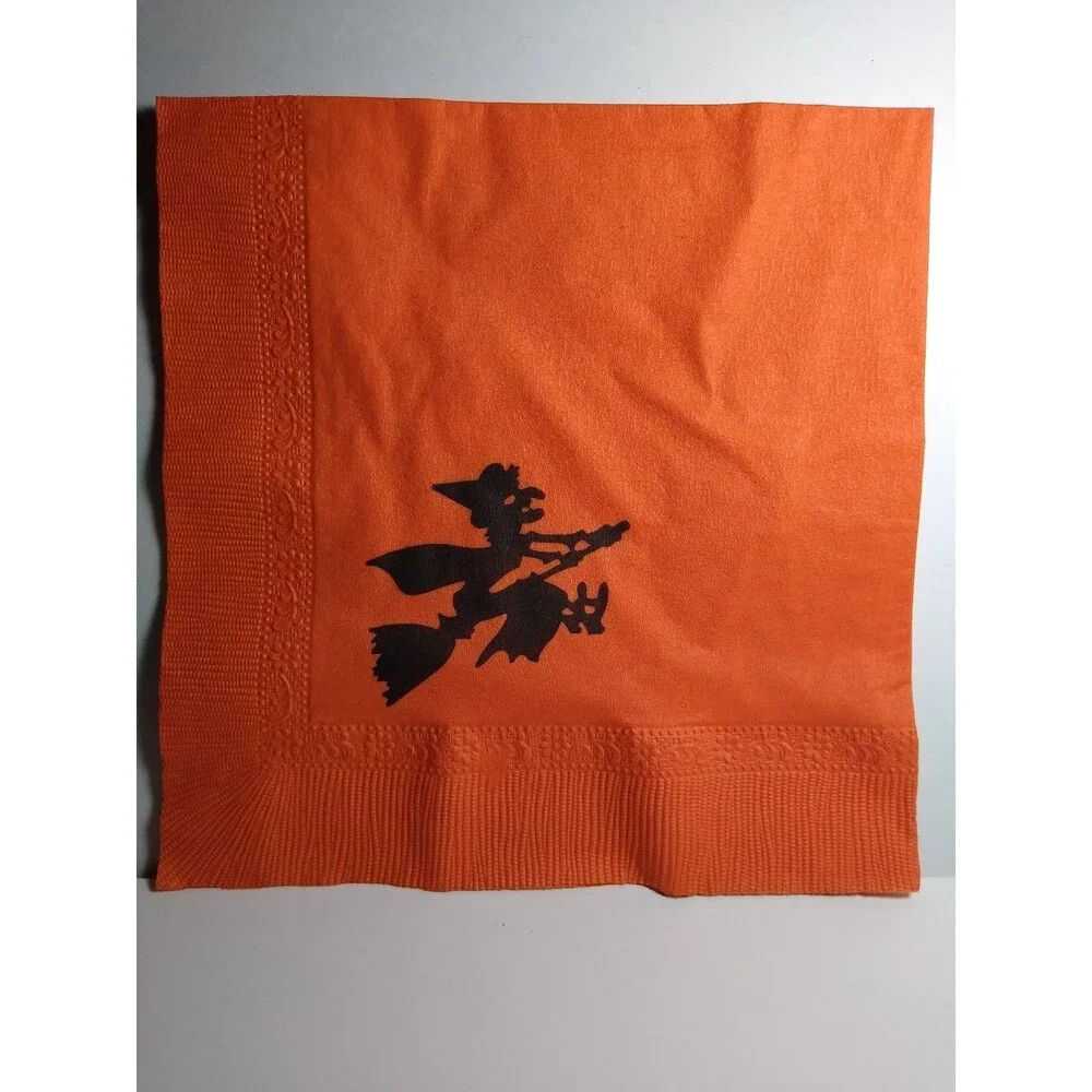 Vintage Van Ness Halloween Paper Napkin Witch Moon Black Cat Pumpkins 6.5